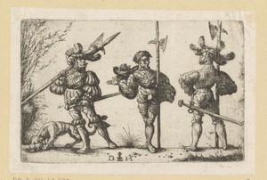 Drie Duitse landsknechten met een hellebaard
