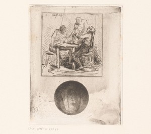 Drie figuren aan een tafel met onderaan een portret van een vrouw