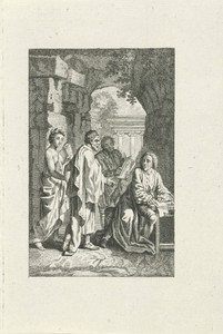 Drie figuren bezoeken een schrijver