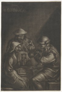 Drie figuren drinken en roken rond een vat