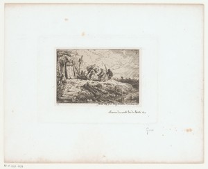 Drie figuren en een varken bij een hut