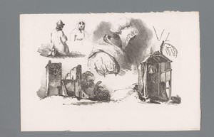 Drie figuren en twee ruïnes