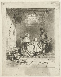 Drie figuren in een keukeninterieur