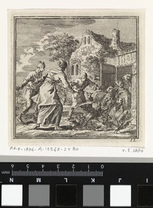 Drie figuren jagen schapen en pluimvee hun stal in
