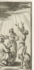 Drie figuren kijken omhoog en worden beschenen door een bundel hemellicht