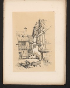Drie figuren zitten voor een huis