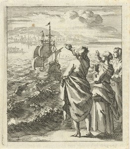 Drie figuren zwaaien een zeilschip uit