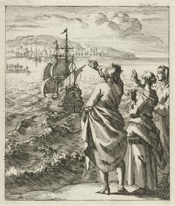Drie figuren zwaaien een zeilschip uit