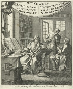 Drie geleerden in een bibliotheek