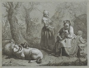Drie herderinnen met schapen