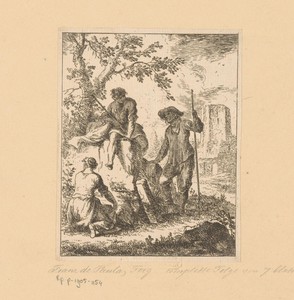 Drie herders rustend in een landschap met ruïnes