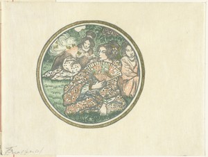Drie Japanse vrouwen in een tuin