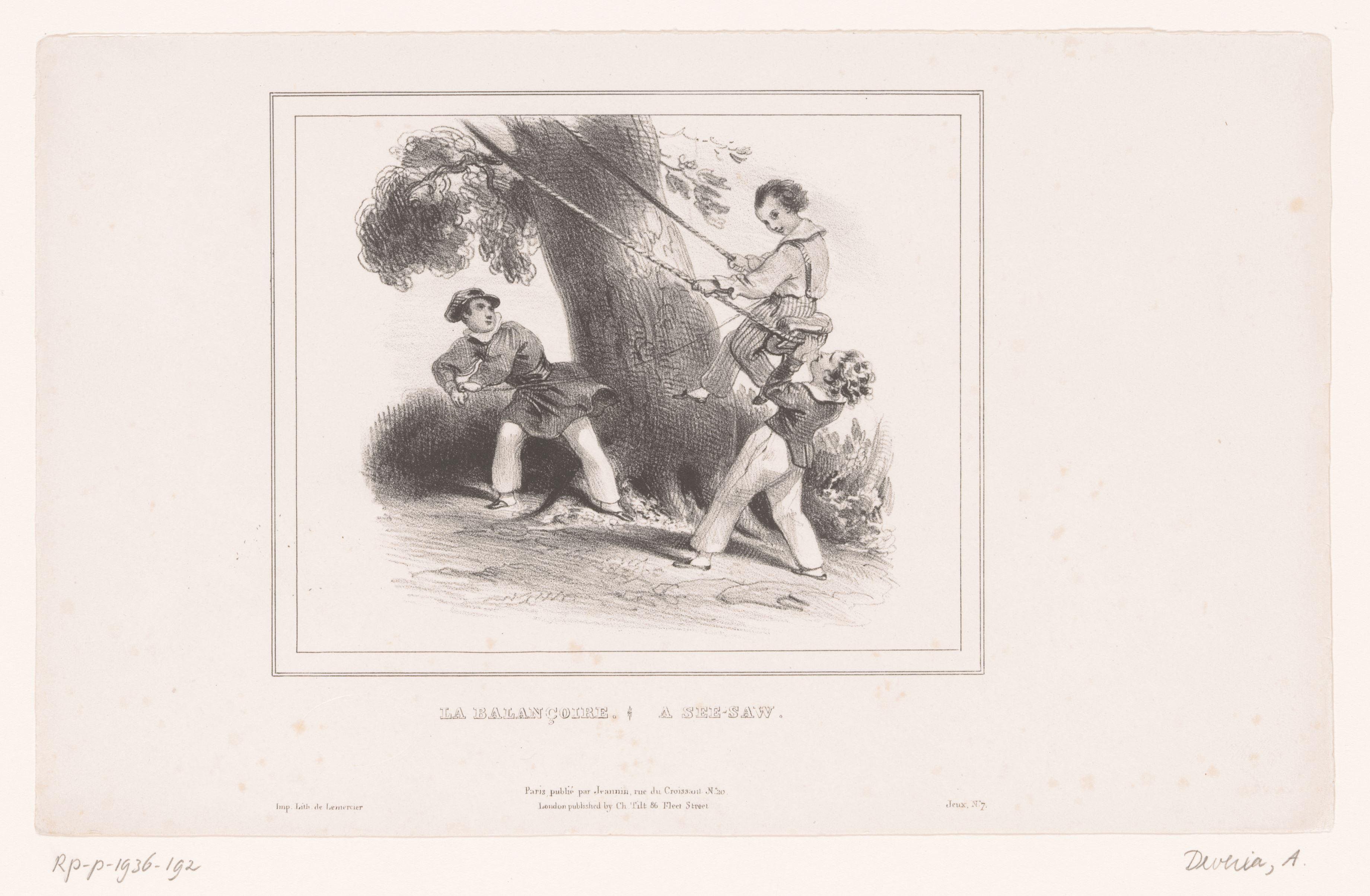 Drie jongens spelen met een schommel by Achille Devéria