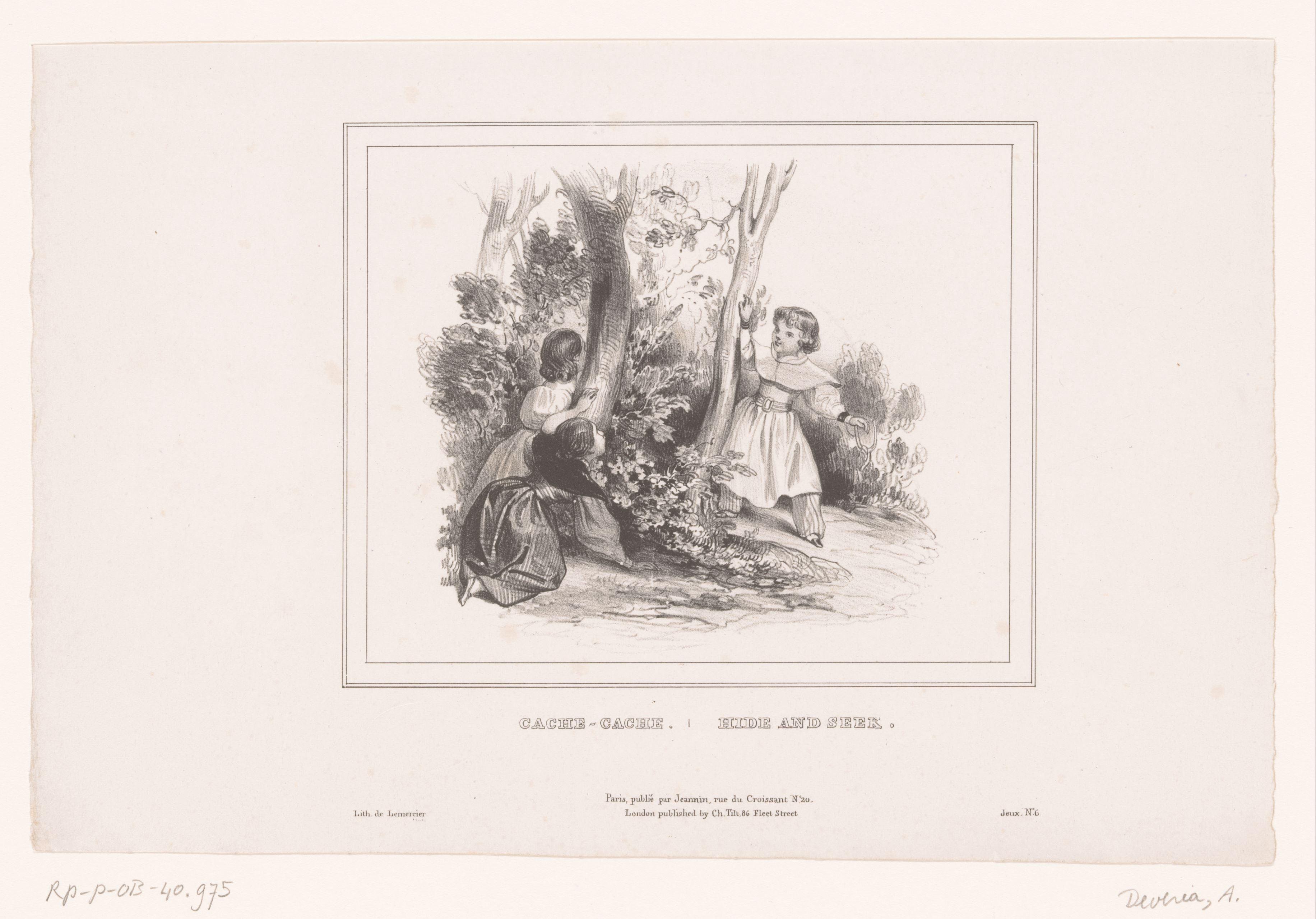 Drie kinderen spelen verstoppertje by Achille Devéria