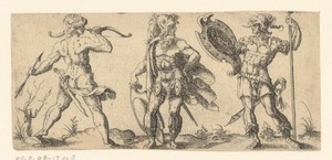 Drie krijgers, van wie een met pijl en boog