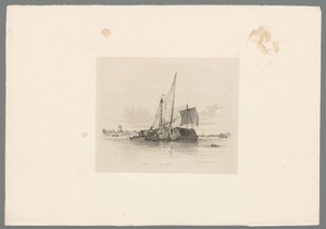 Drie lage, overdekte boten in de Theems bij Nine Elms met links een windmolen