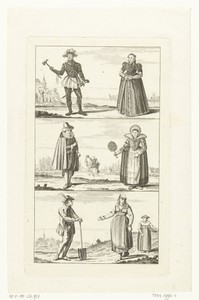 Drie landschappen met mannen en vrouwen in Hollandse klederdrachten, ca. 1775