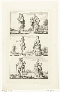 Drie landschappen met mannen en vrouwen in Hollandse klederdrachten, uit verschillende perioden
