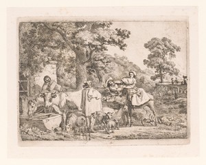 Drie mannen en een vrouw met vee bij een drinkbak