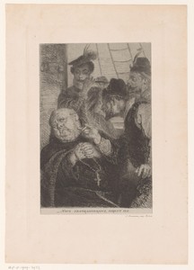Drie mannen staan op een schip rondom een monnik met rozenkrans in zijn handen