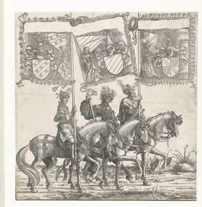 Drie mannen te paard dragen de Oostenrijkse vaandels van Ortenburg, Echingen en Achalm
