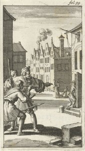 Drie mannen zien de Zonde een huis binnentreden