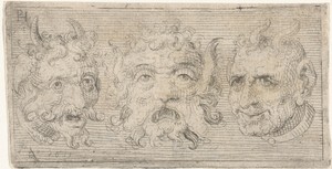 Drie maskers, waarvan twee met hoorns