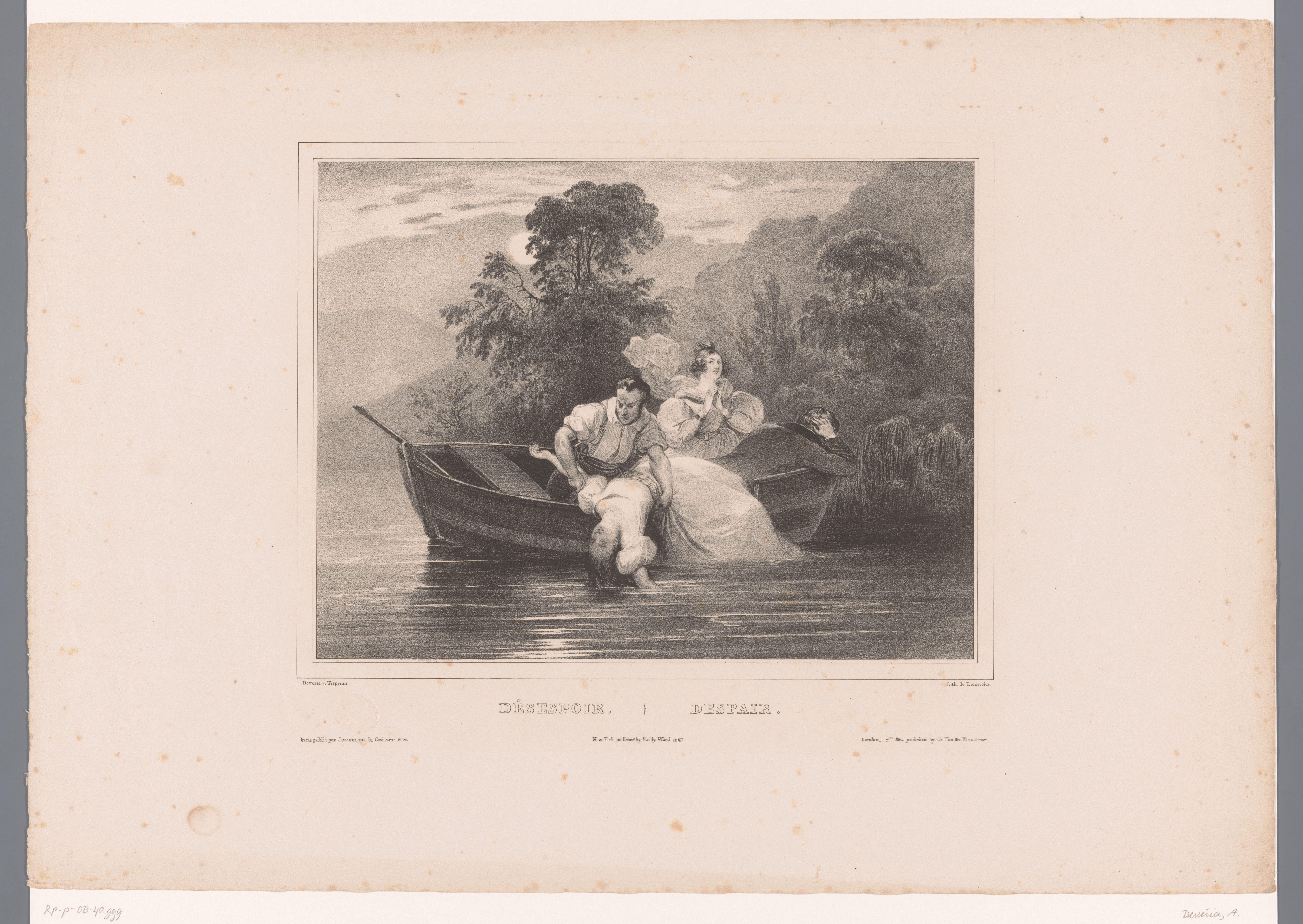 Drie mensen in een boot halen een verdronken meisje uit het water by Achille Devéria