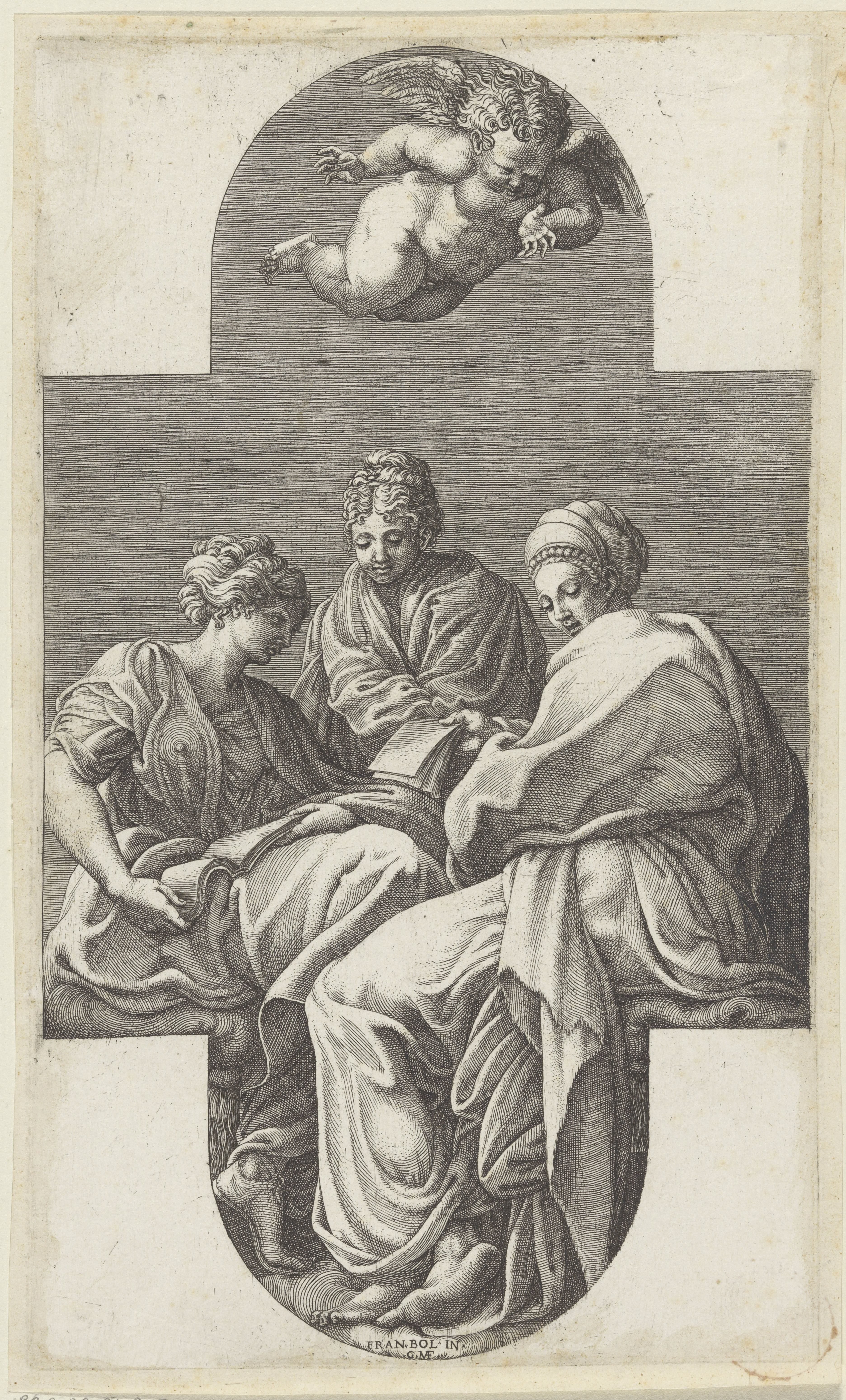 Drie Muzen en een gebarende putto by Giorgio Ghisi