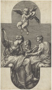 Drie Muzen en een putto met cimbalen