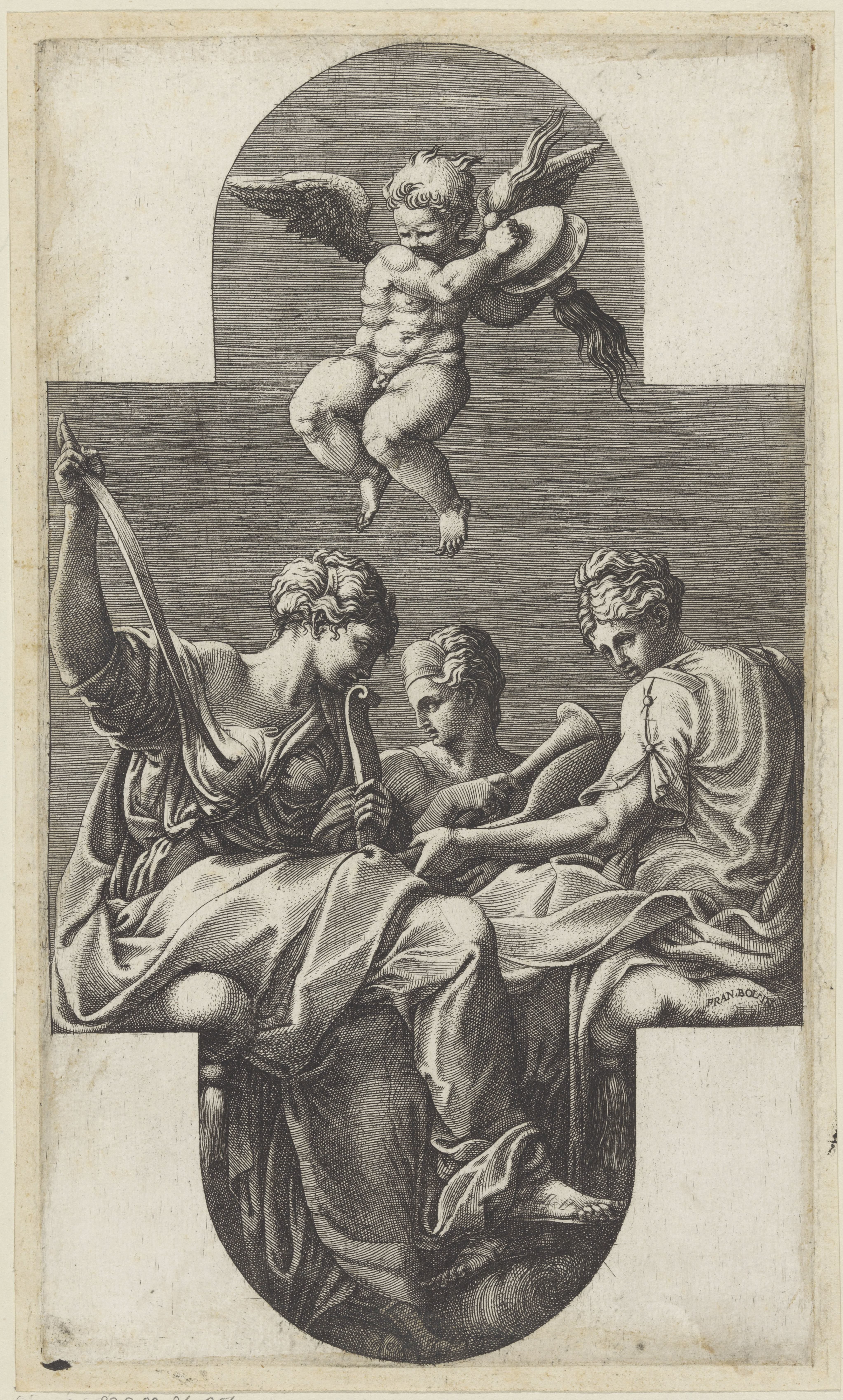 Drie muzen en een putto met cimbalen by Giorgio Ghisi
