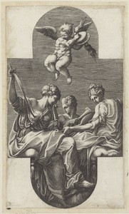 Drie muzen en een putto met cimbalen