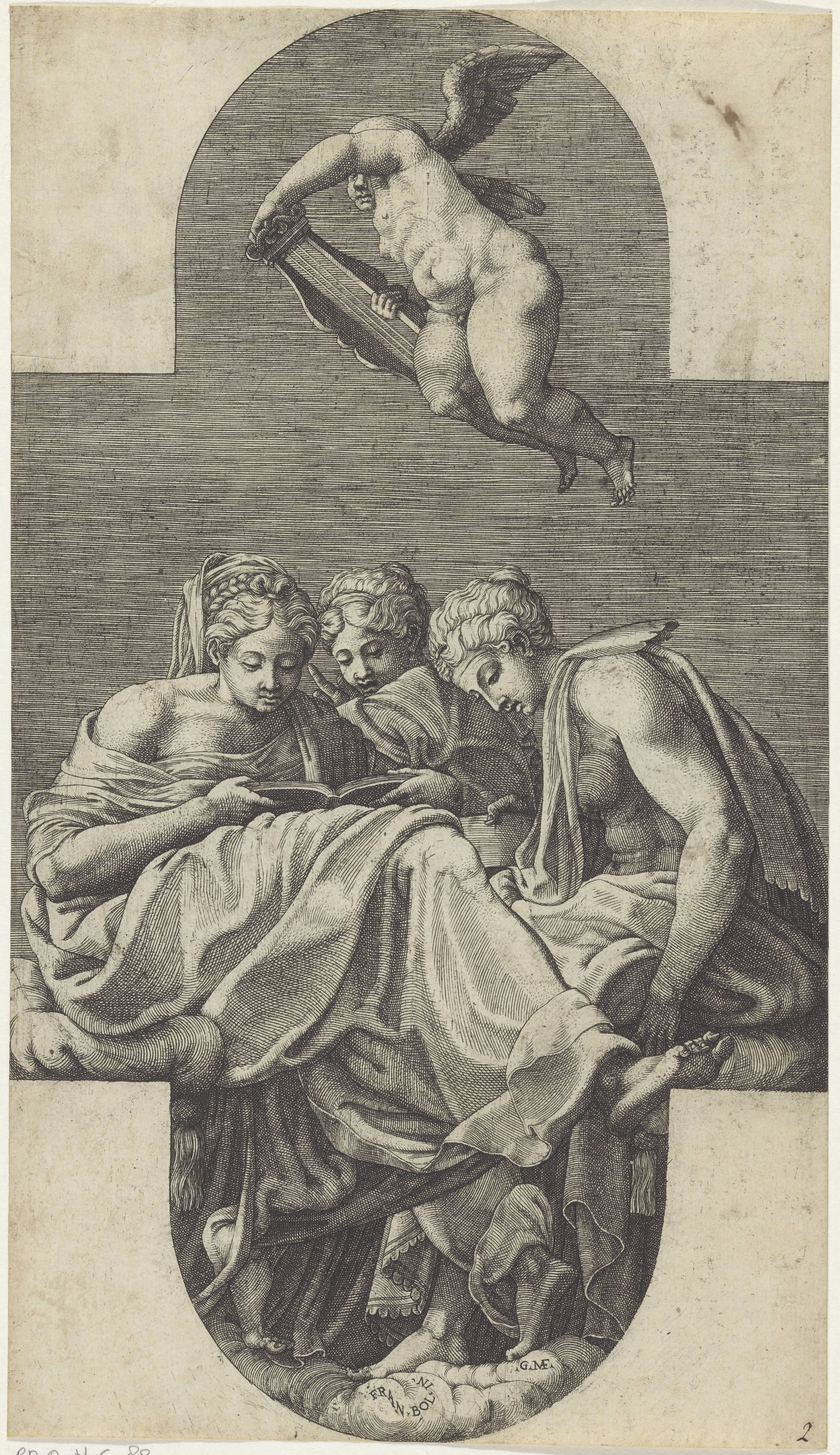 Drie Muzen en een putto met een lier by Giorgio Ghisi