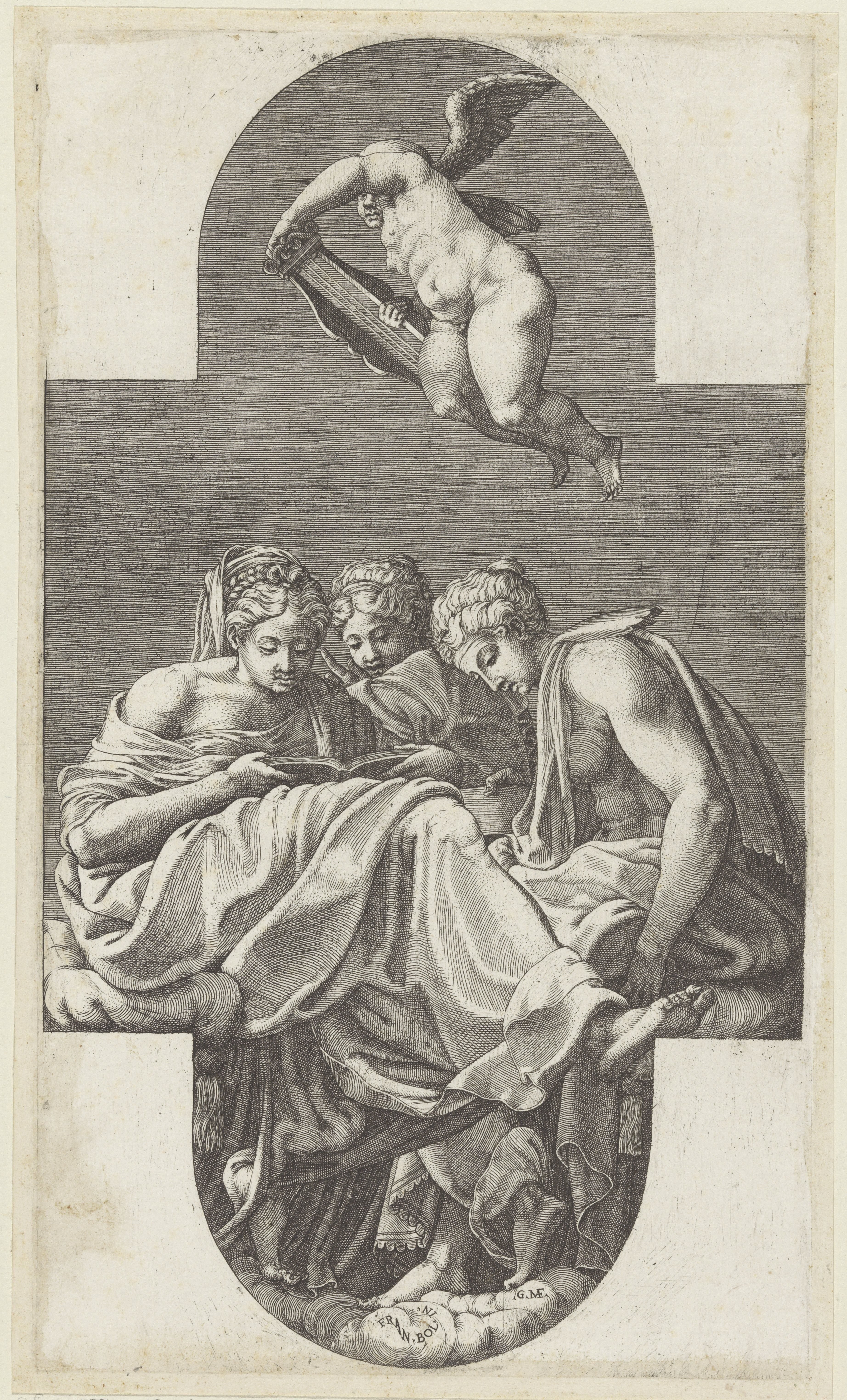 Drie Muzen en een putto met een lier by Giorgio Ghisi