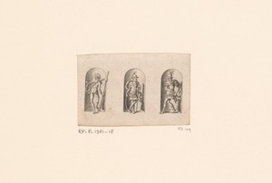 Drie nissen met figuren waaronder Saturnus en Mars