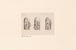 Drie nissen met Flora met een sater, Venus met Amor en een nimf