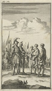 Drie ongewapende mannen in gesprek met twee legerbevelhebbers, op de achtergrond soldaten te paard