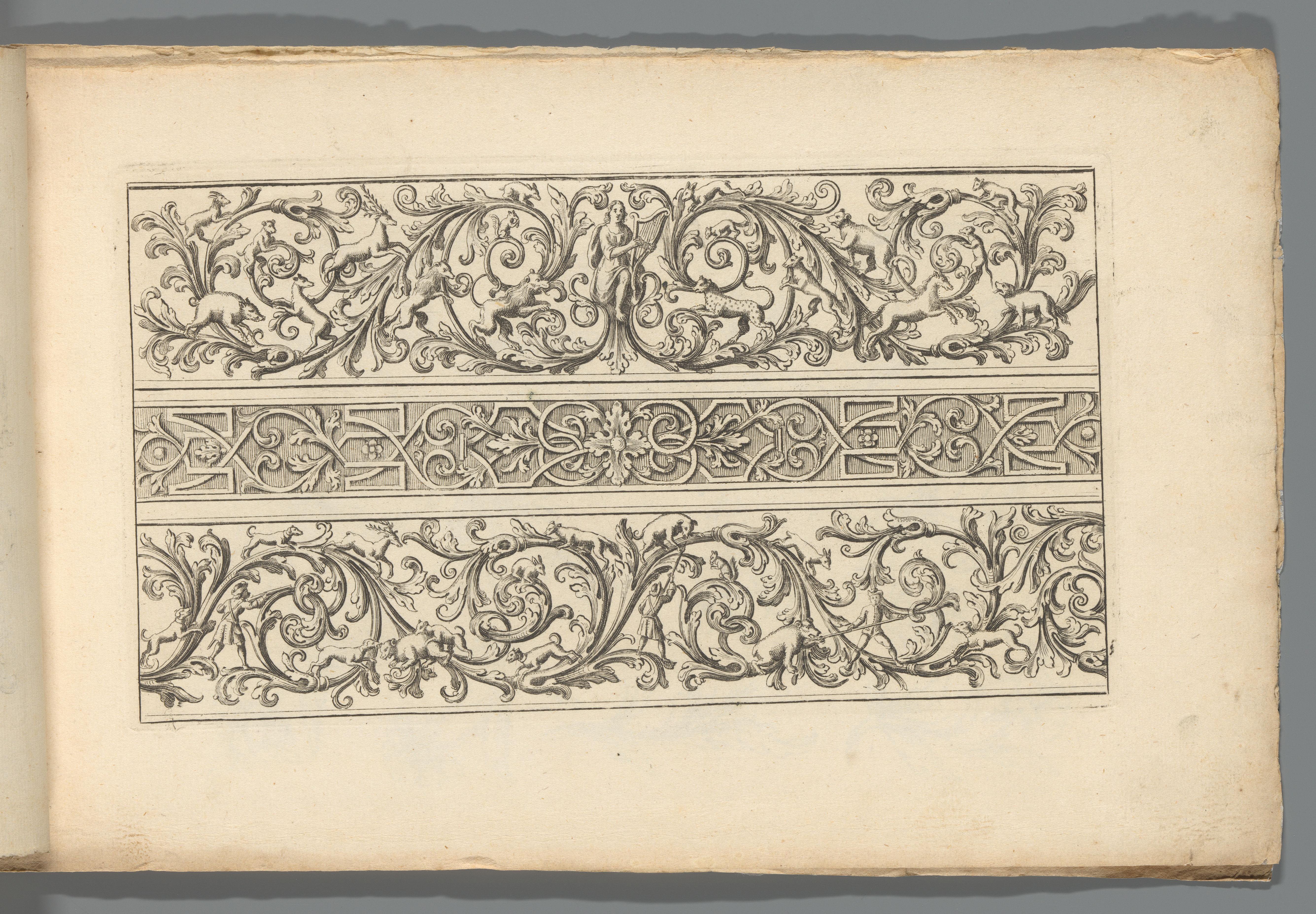 Drie ornamentele friezen met Apollo, dieren en jagers by Abraham Helmhack