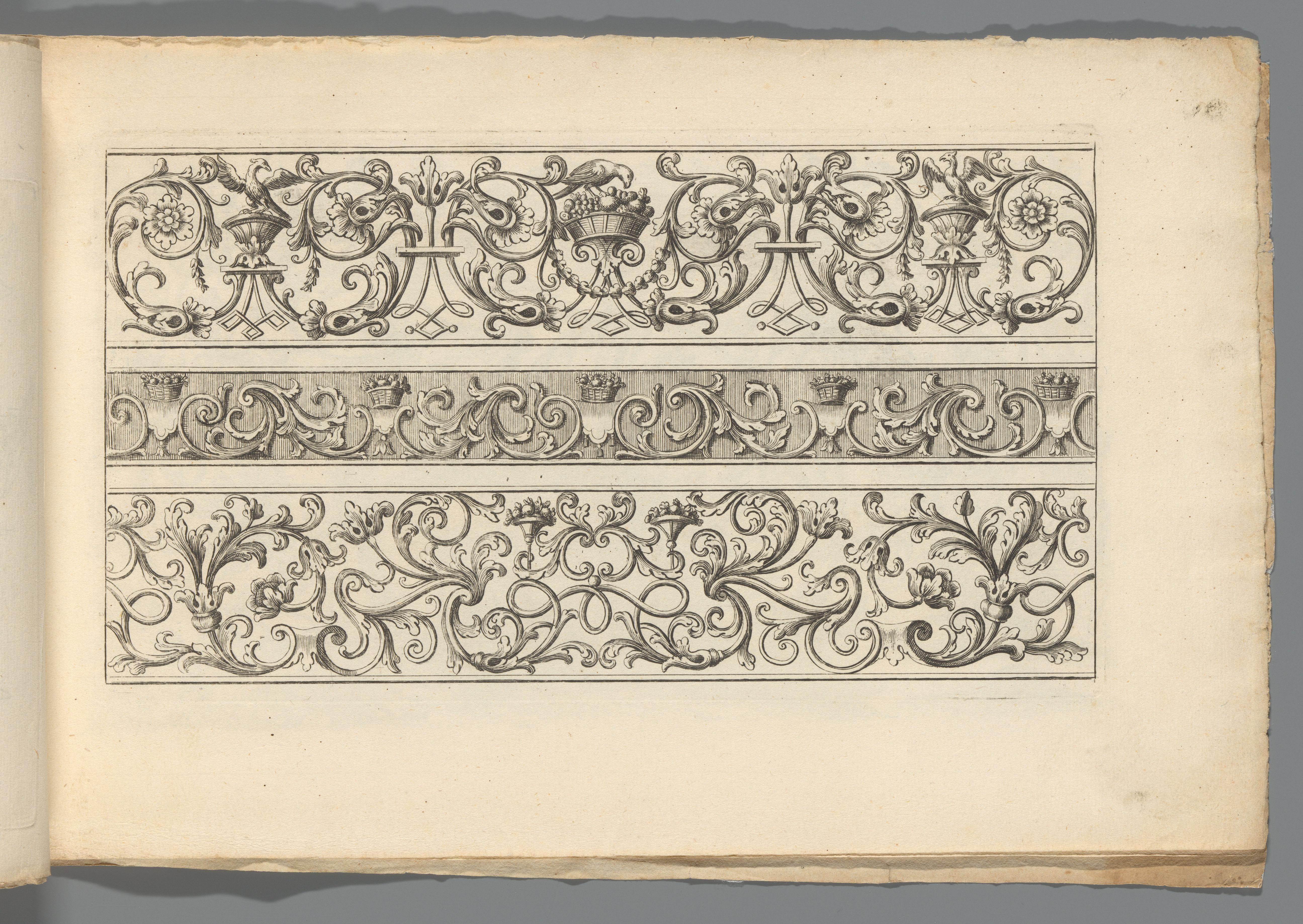Drie ornamentele friezen met loofwerk en vogels by Abraham Helmhack
