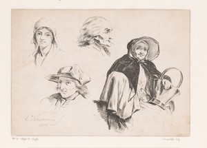 Drie portretten en een vrouw met koperen emmer