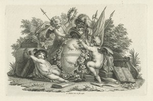 Drie putti bij gehelmd wapenschild