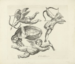 Drie putti en een vrouwenfiguur