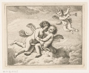 Drie putti in de wolken, een met een bazuin