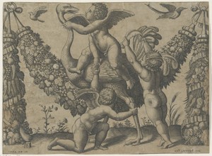 Drie putti met een struisvogel
