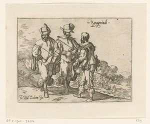 Drie Spanjaarden, een veldslag in de achtergrond
