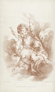 Drie spelende putti op wolken