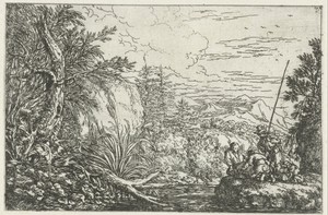 Drie vissers aan de oever van een rivier