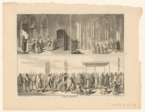 Drie voorstellingen met doop, Heilige Communie en een heilige processie, mogelijk een wijding