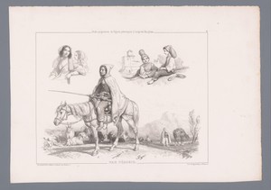 Drie voorstellingen van figuren, waaronder twee geitenhoeders te paard in een landschap