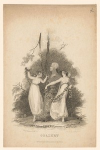 Drie vrouwen dansen rondom een buste van Christian Fürchtegott Gellert